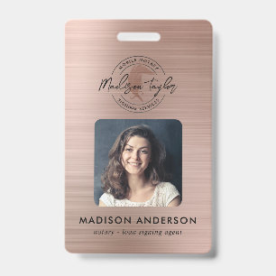 Notary Loan Agent Brushed Rose Gold Quill Photo ID Badge