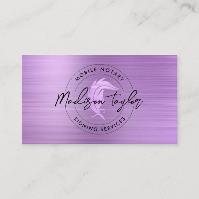 Notary Loan Agent Purple Glam Brushed Metal Quill Business Card (Front)