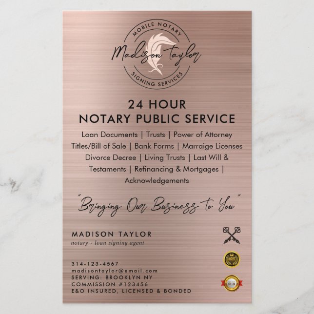 Notary Loan Agent Rose Gold Brush Metal Marketing Flyer (Front)
