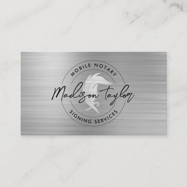 Notary Loan Agent Silver Grey Brushed Metal Quill Business Card (Front)
