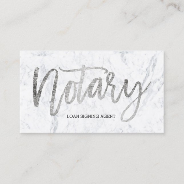 Notary loan modern chic silver typography marble business card (Front)