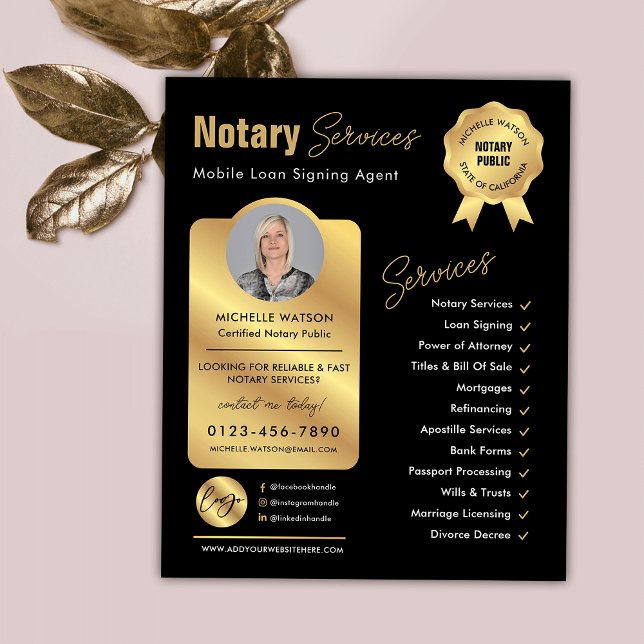 Notary Loan Signing Agent Black & Gold Logo Photo Flyer (Modern black and gold loan signing agent / attorney marketing flyer with your custom photo and logo)