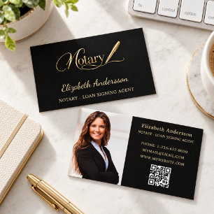 Notary loan signing agent black gold photo QR logo Business Card