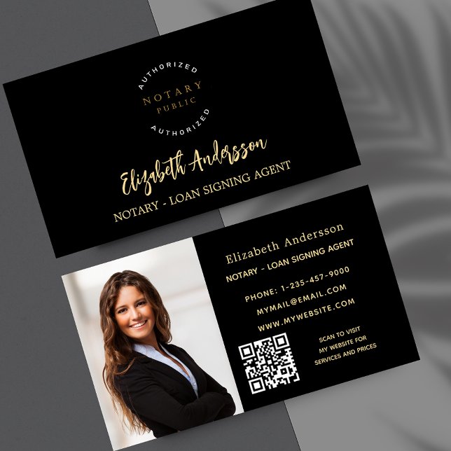 Notary loan signing agent black gold photo QR logo Business Card (Creator Uploaded)