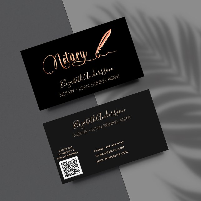 Notary loan signing agent black gold QR code Business Card (Creator Uploaded)