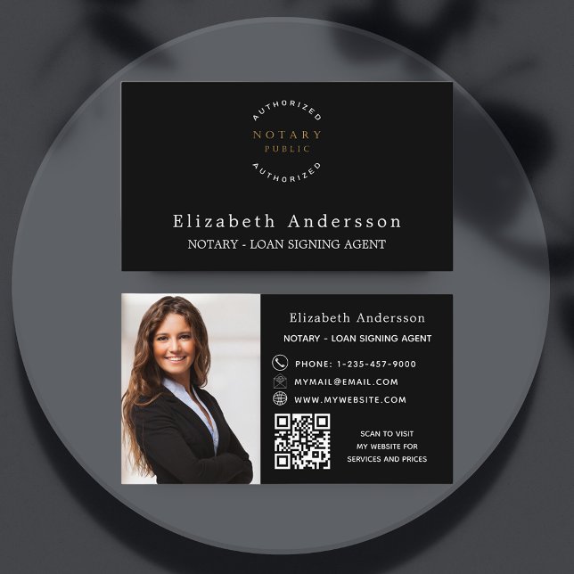 Notary loan signing agent black photo QR logo Business Card (Creator Uploaded)