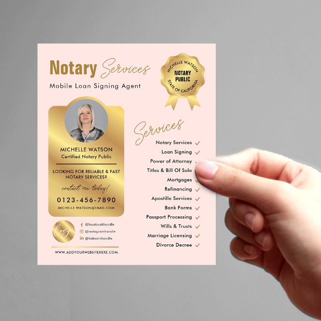 Notary Loan Signing Agent Blush Pink & Gold Photo Flyer (Feminine pink and gold loan signing agent / attorney marketing flyer with your custom photo and logo)