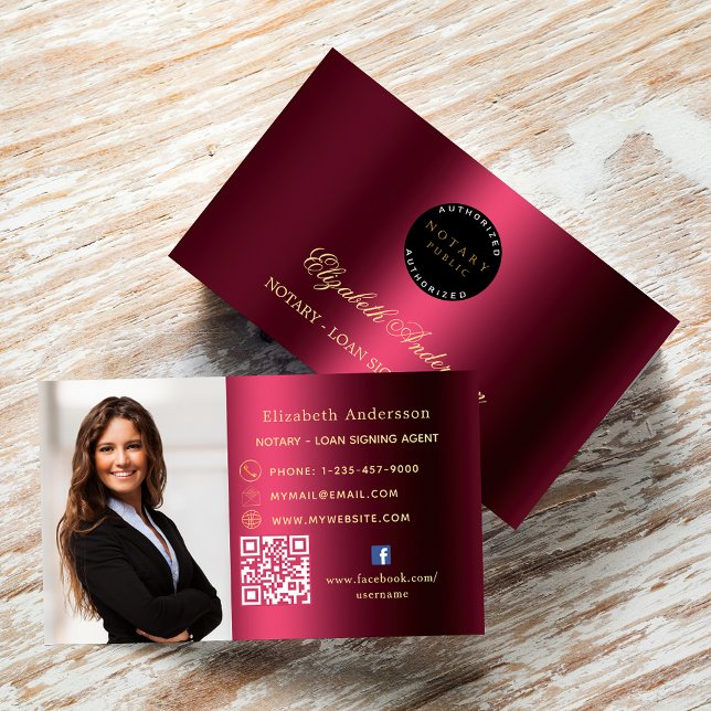 Notary loan signing agent burgundy photo QR logo Business Card (Creator Uploaded)