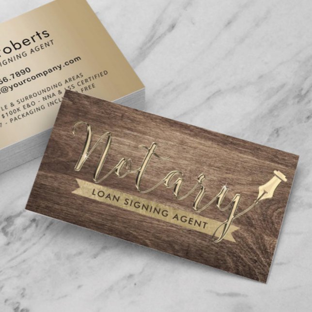 Notary Loan Signing Agent Classy Wood & Gold Business Card (Creator Uploaded)