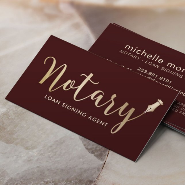 Notary Loan Signing Agent Dark Red & Gold Business Card (Creator Uploaded)