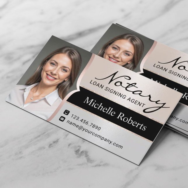 Notary Loan Signing Agent Elegant Silver Photo Business Card (Creator Uploaded)