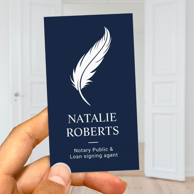 Notary Loan Signing Agent Feather Quill Pen Navy Business Card (Creator Uploaded)