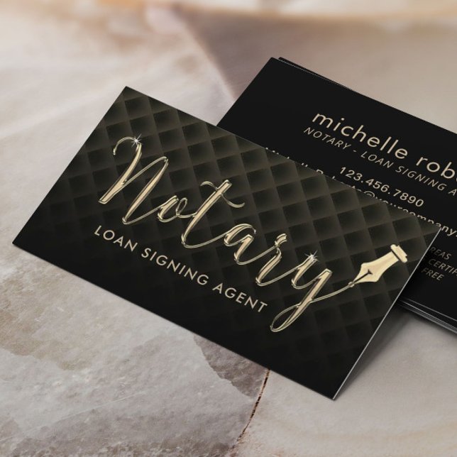 Notary Loan Signing Agent Gold Pen 3D Script Lux Business Card (Creator Uploaded)