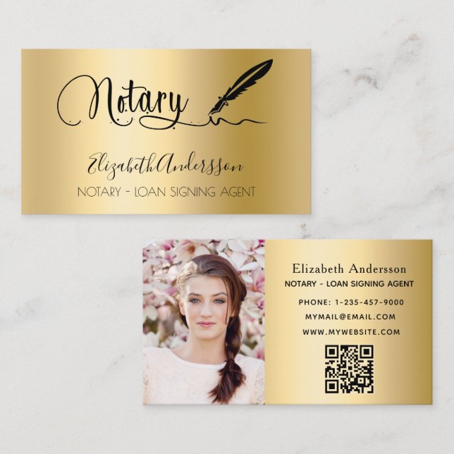 Notary loan signing agent gold photo QR code Business Card (Front/Back)