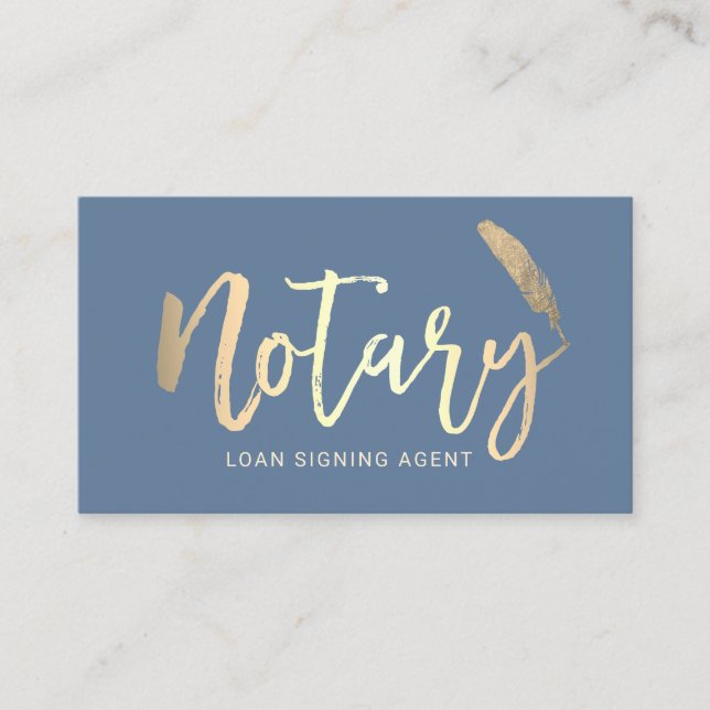Notary Loan Signing Agent Gold Script Dusty Blue  Business Card (Front)