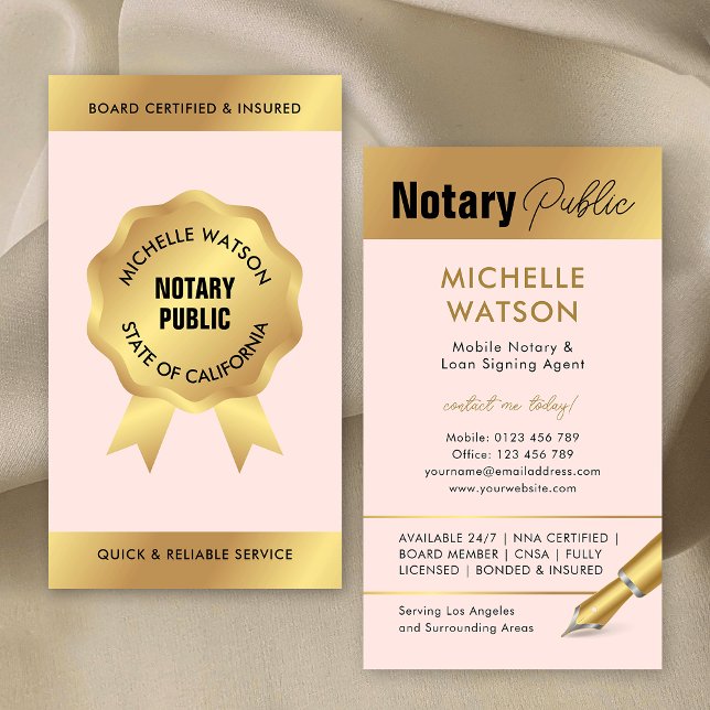 Notary Loan Signing Agent Modern Blush Pink & Gold Business Card (Feminine notary public loan signing agent business cards in blush pink and gold)