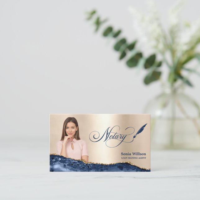 Notary Loan Signing Agent Modern Navy Blue Agate Business Card (Standing Front)