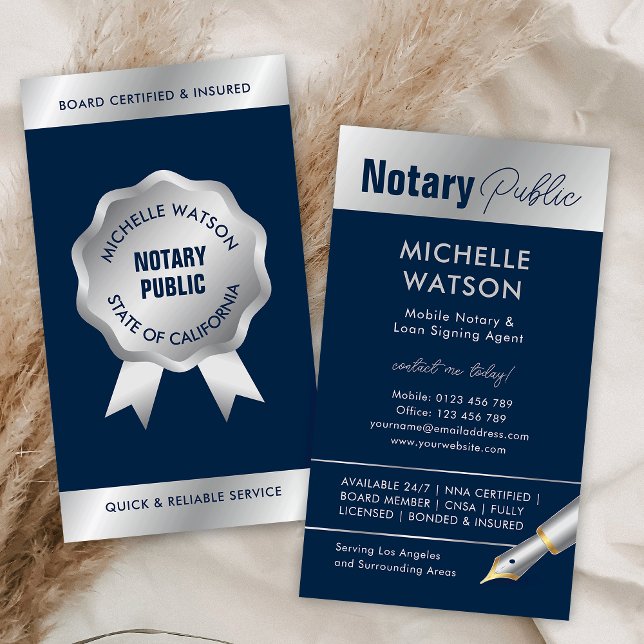Notary Loan Signing Agent Modern Navy & Silver Business Card (Stylish notary public & lawyer business cards in navy blue and silver)