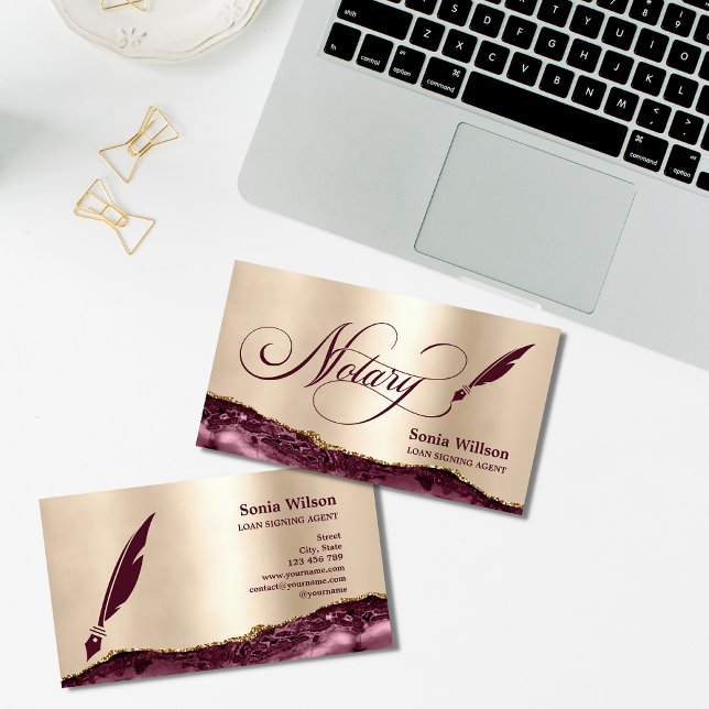 Notary Loan Signing Agent Modern Rose Gold Agate B Business Card (Notary Pen Logo is an original artwork by Savanamm Design)