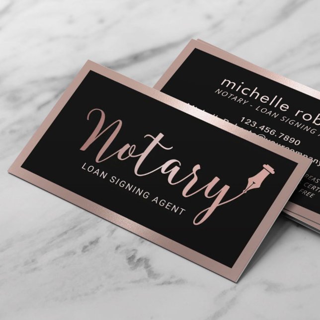 Notary Loan Signing Agent Modern Rose Gold Framed Business Card (Creator Uploaded)
