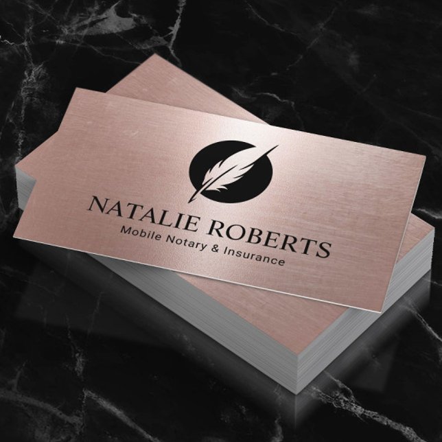 Notary Loan Signing Agent Modern Rose Gold Quill Business Card (Creator Uploaded)