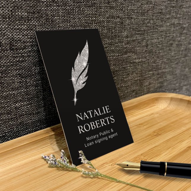 Notary Loan Signing Agent Modern Silver Quill Logo Business Card (Creator Uploaded)