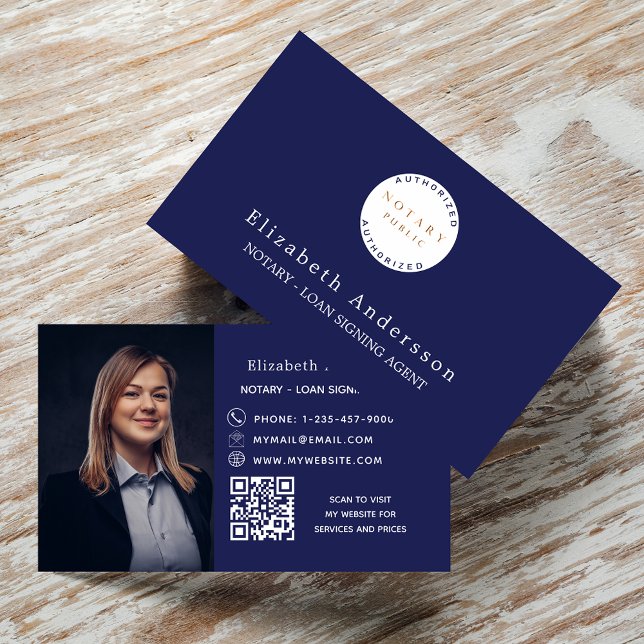 Notary loan signing agent navy blue photo QR logo Business Card (Creator Uploaded)