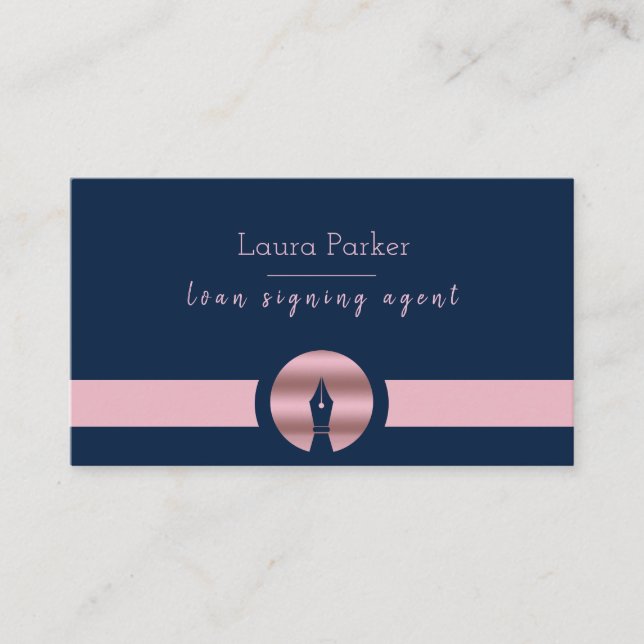 Notary Loan Signing Agent Nib Rose Gold Writer Business Card (Front)
