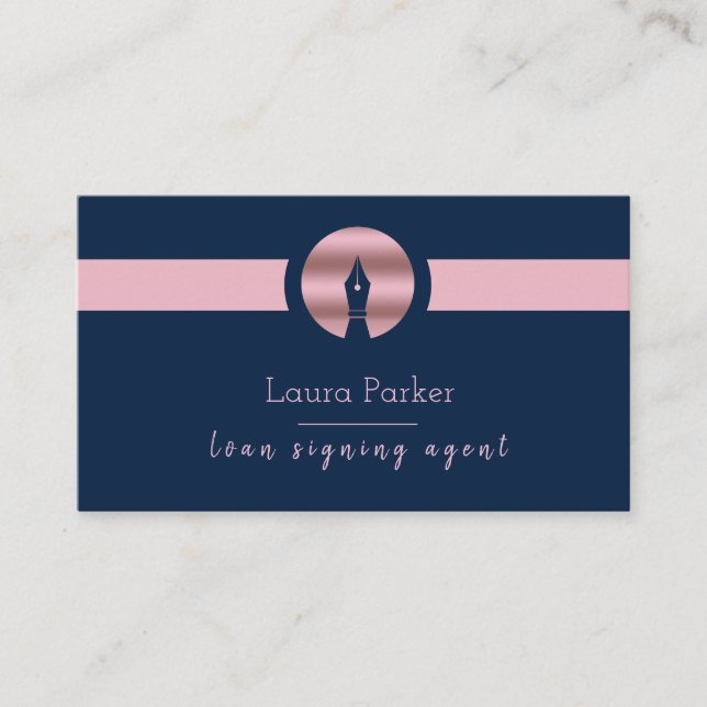 Notary Loan Signing Agent Nib Rose Gold Writer Business Card (Front)