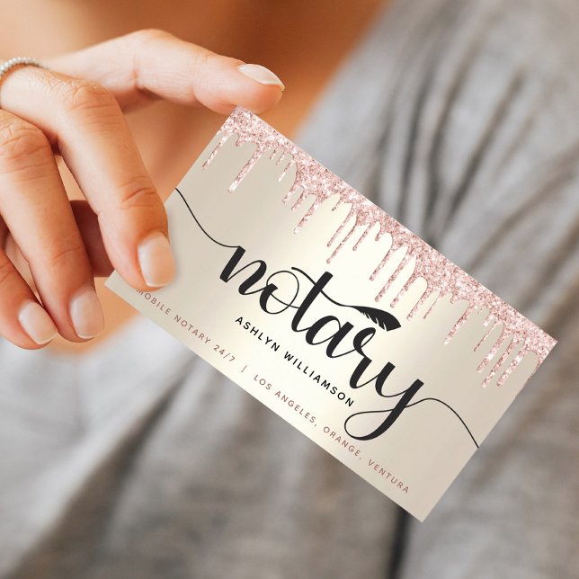 Notary Loan Signing Agent Pink Glitter Script Gold Business Card (Creator Uploaded)