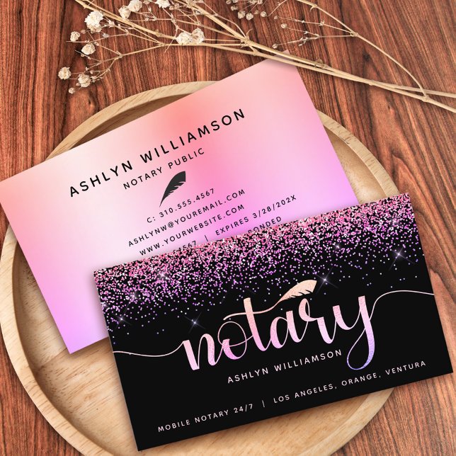 Notary Loan Signing Agent Pink Purple Glitter Chic Business Card (Creator Uploaded)
