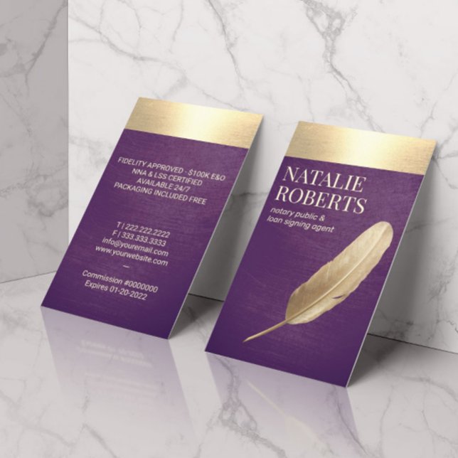 Notary Loan Signing Agent Purple & Gold Quill Business Card (Creator Uploaded)