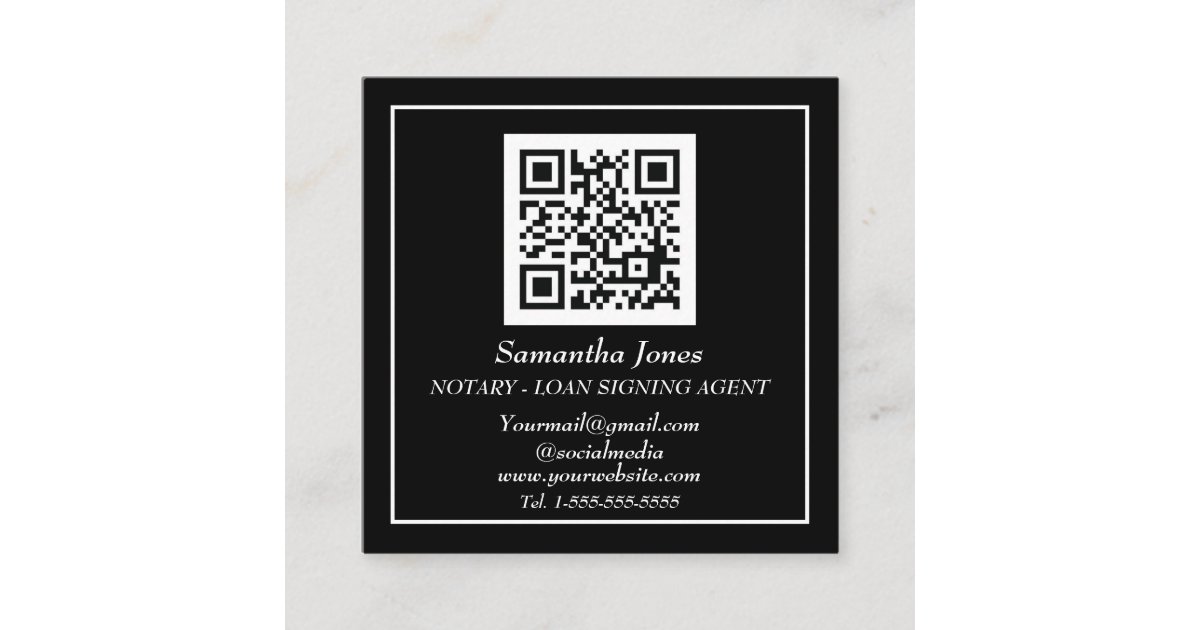 Notary Loan Signing Agent QR Code Scannable Black Square Business Card ...