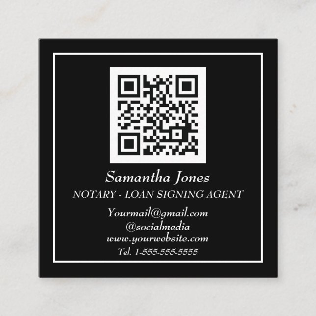 Notary Loan Signing Agent QR Code Scannable Black Square Business Card (Front)