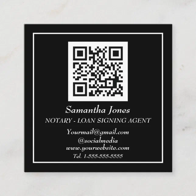 Notary Loan Signing Agent QR Code Scannable Black Square Business Card ...