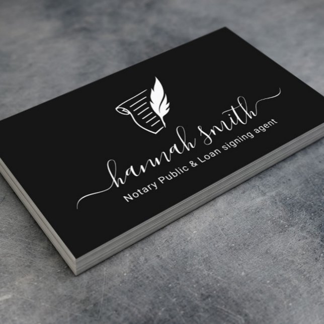 Notary Loan Signing Agent Quill Logo Black Business Card (Creator Uploaded)