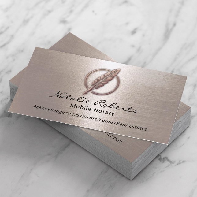 Notary Loan Signing Agent Quill Logo Rose Gold Business Card (Creator Uploaded)