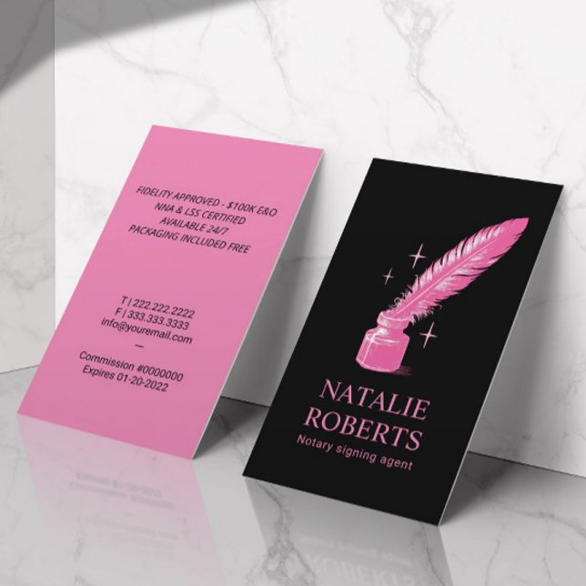 Notary Loan Signing Agent Quill Modern Black Pink Business Card (Creator Uploaded)