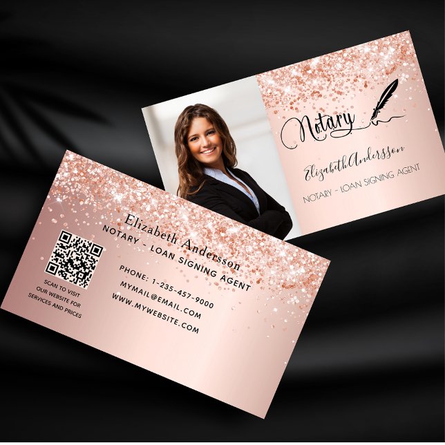 Notary loan signing agent rose gold photo QR code Business Card (Creator Uploaded)