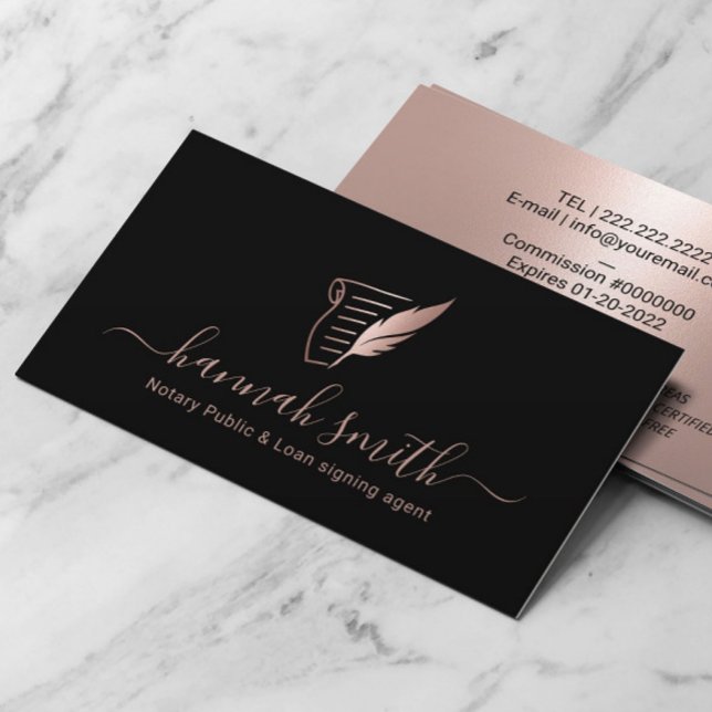 Notary Loan Signing Agent Rose Gold Quill Black Business Card (Creator Uploaded)