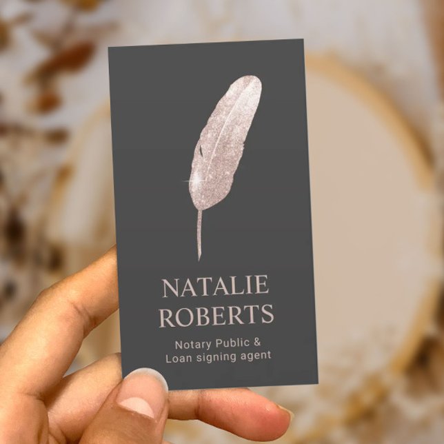 Notary Loan Signing Agent Rose Gold Quill Dark Business Card (Creator Uploaded)