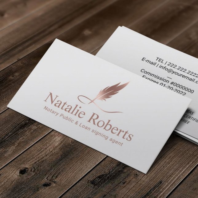 Notary Loan Signing Agent Rose Gold Quill Logo Business Card (Creator Uploaded)
