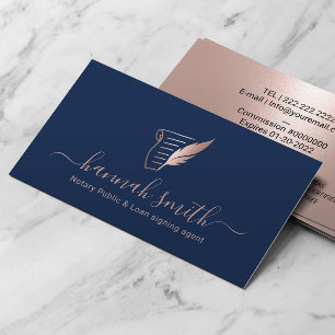 Notary Loan Signing Agent Rose Gold Quill Navy Business Card