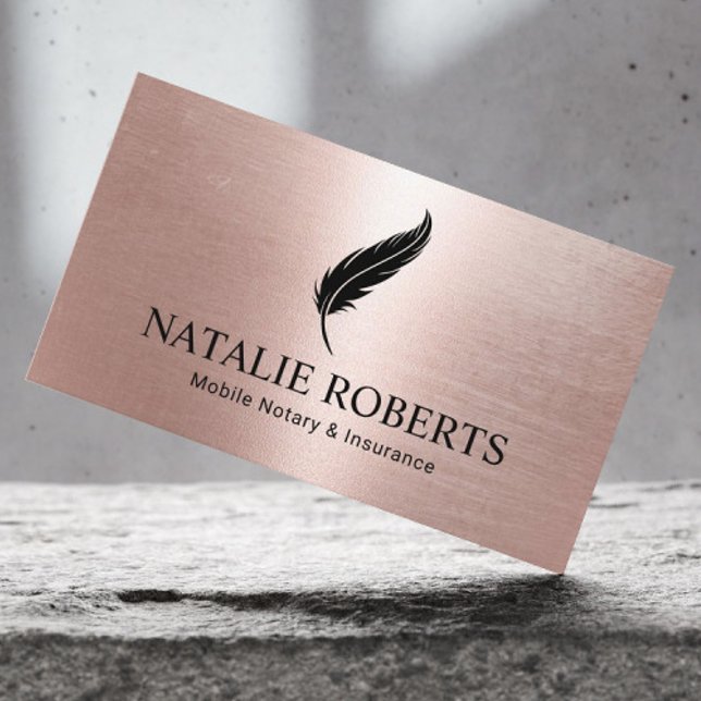 Notary Loan Signing Agent Rose Gold Quill Pen Logo Business Card (Creator Uploaded)