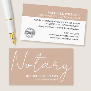 Notary Loan Signing Agent Script Logo Beige Business Card