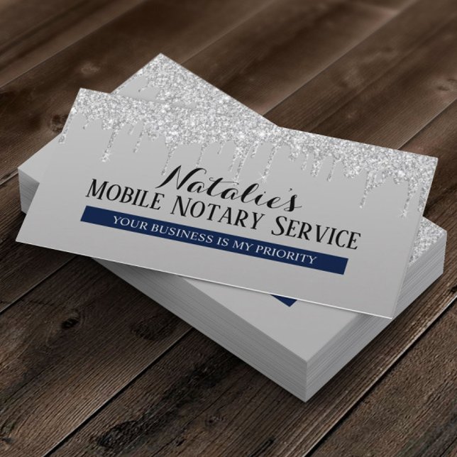 Notary Loan Signing Agent Silver Drips Navy Blue Business Card (Creator Uploaded)