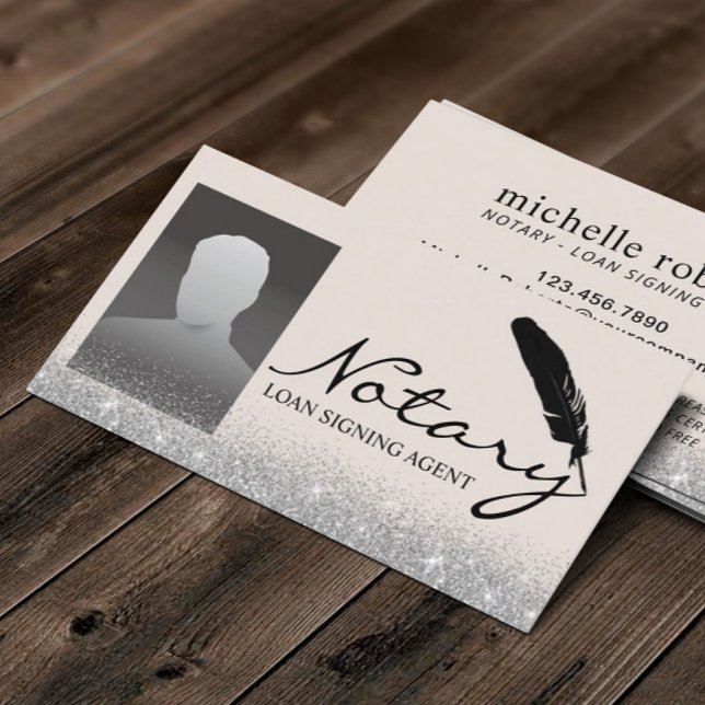 Notary Loan Signing Agent Silver Glitter Photo Business Card (Creator Uploaded)