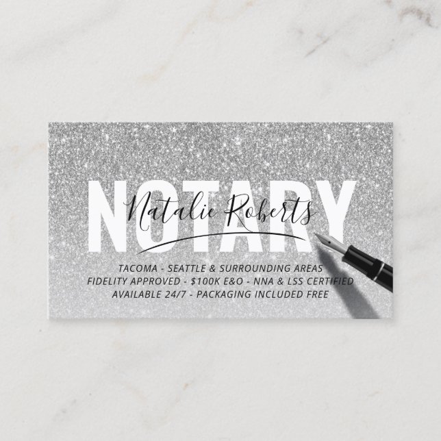 Notary Loan Signing Agent Silver Glitter Signature Business Card (Front)
