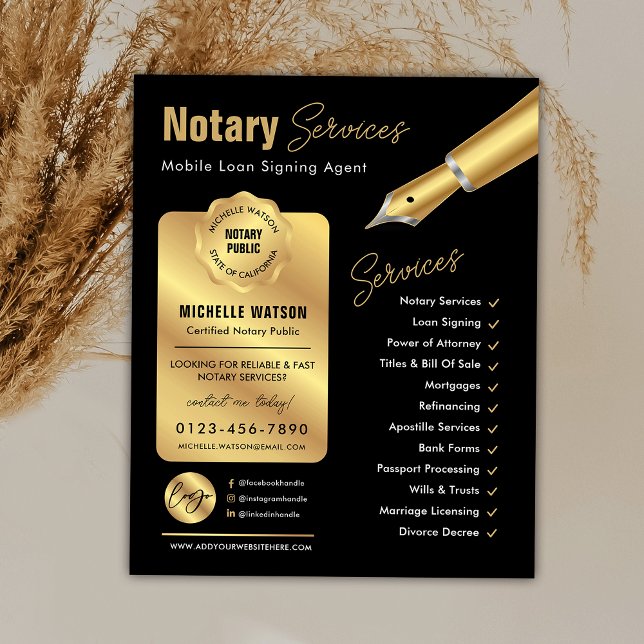 Notary Loan Signing Agent Stamp Black & Gold Logo Flyer (Modern black and gold loan signing agent & notary marketing flyer with your custom photo and logo)
