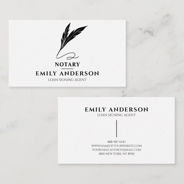 Notary Loan Singing Agent Minimal Feather Quill Business Card (Front/Back)